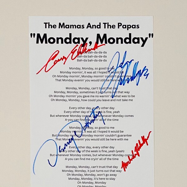 The Mamas And The Papas "Monday, Monday" Signed A4 Lyric Sheet