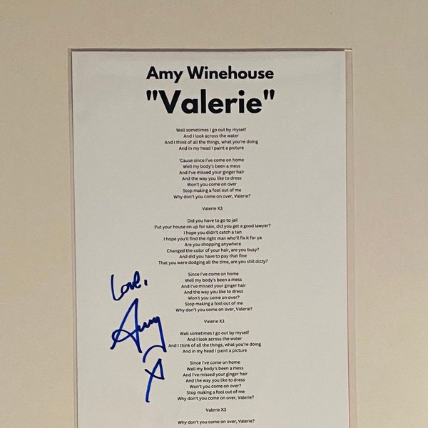 Amy Winehouse "Valerie" Signed A4 Lyric Sheet