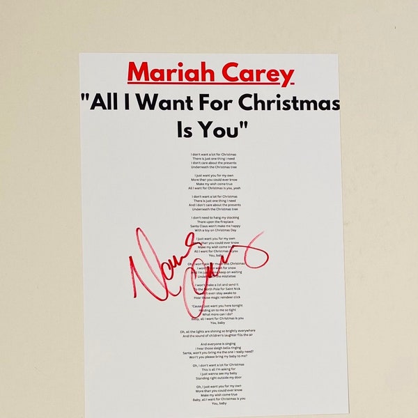 Mariah Carey "All I Want For Christmas Is You" Signed A4 Lyric Sheet