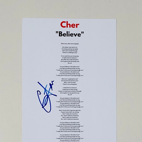Cher "Believe" Signed A4 Lyric Sheet
