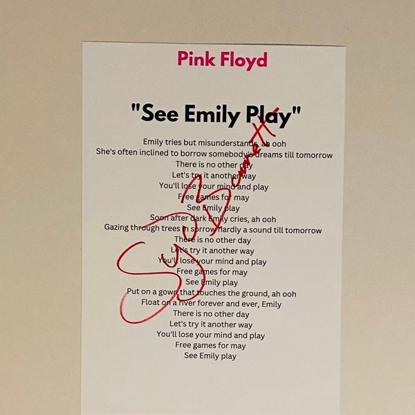 Pink Floyd "See Emily Play" Signed A 4 Lyric Sheet