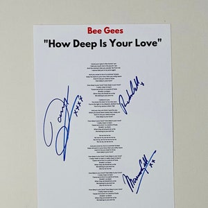 Feuille de paroles A4 signée Bee Gees "How Deep Is Your Love"
