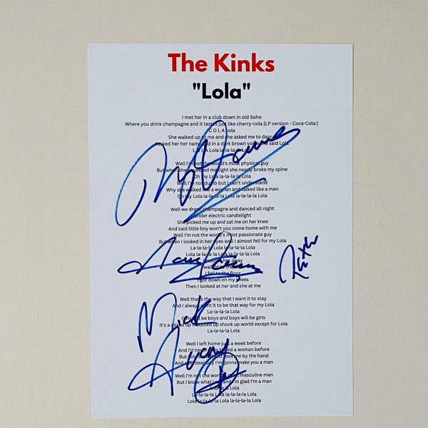 The Kinks "Lola" Signed A4 Lyric Sheet