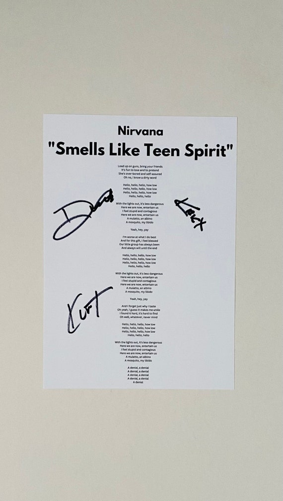Nirvana smells Like Teen Spirit Signed Lyric Sheet - Etsy Canada