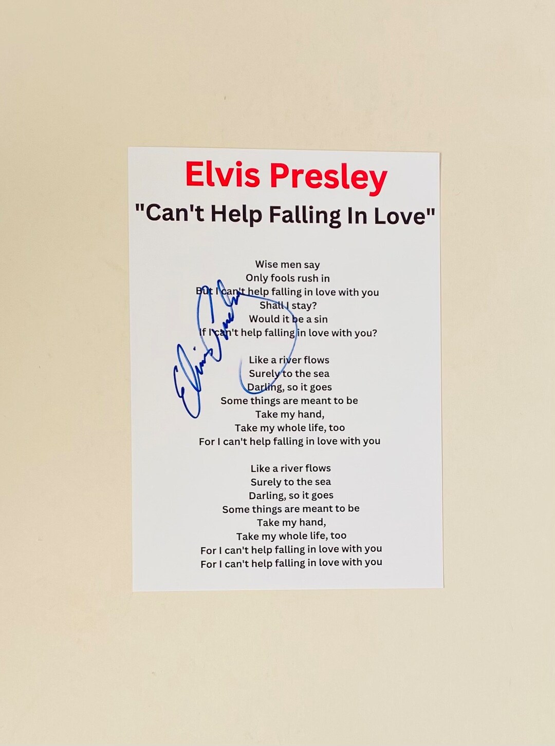 Elvis Presley can't Help Falling in Love Signed A4 Lyric Sheet Etsy
