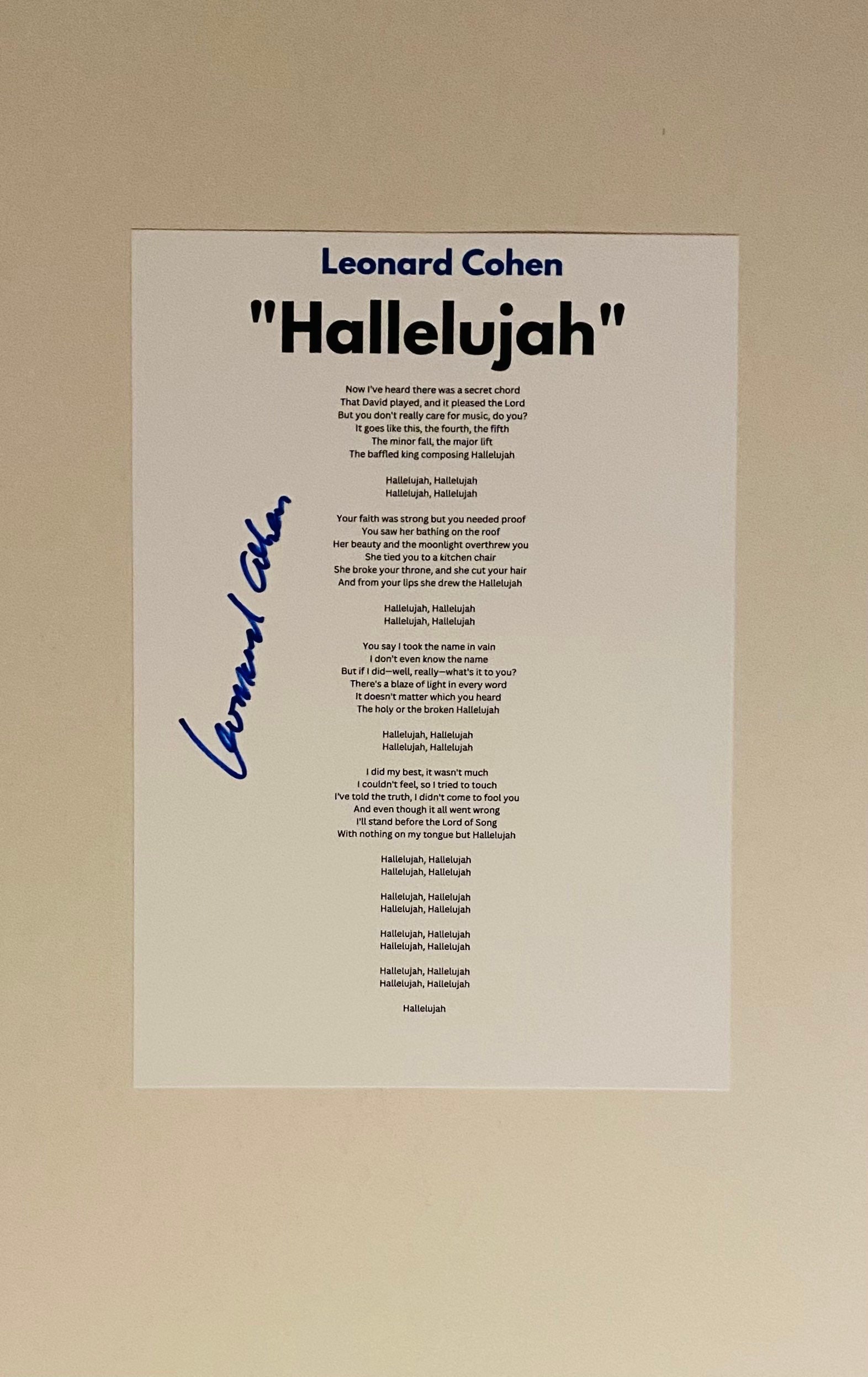 Leonard Cohen hallelujah Signed A 4 Lyric Sheet Etsy