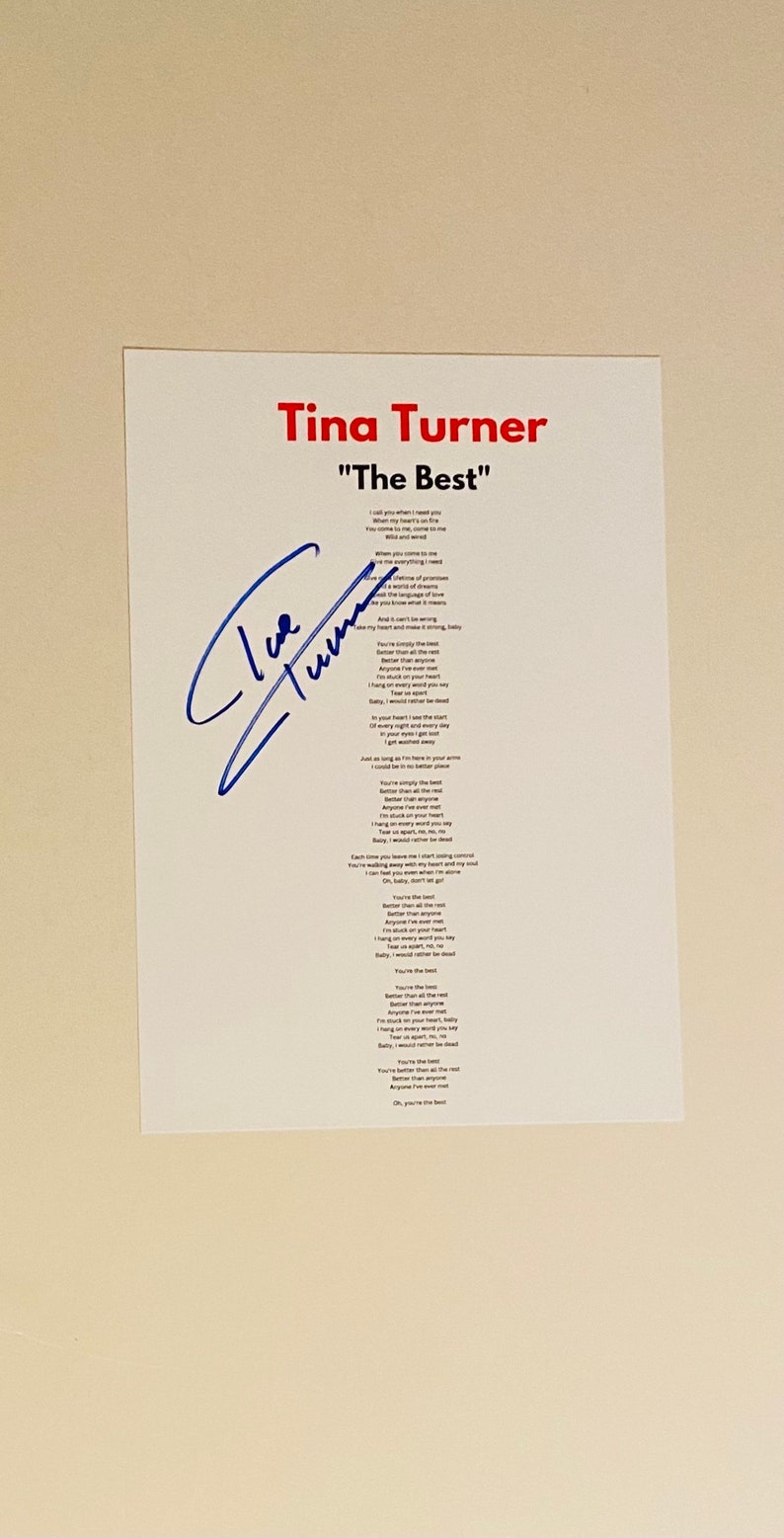 Tina Turner The Best Signed A4 Lyric Sheet image 1