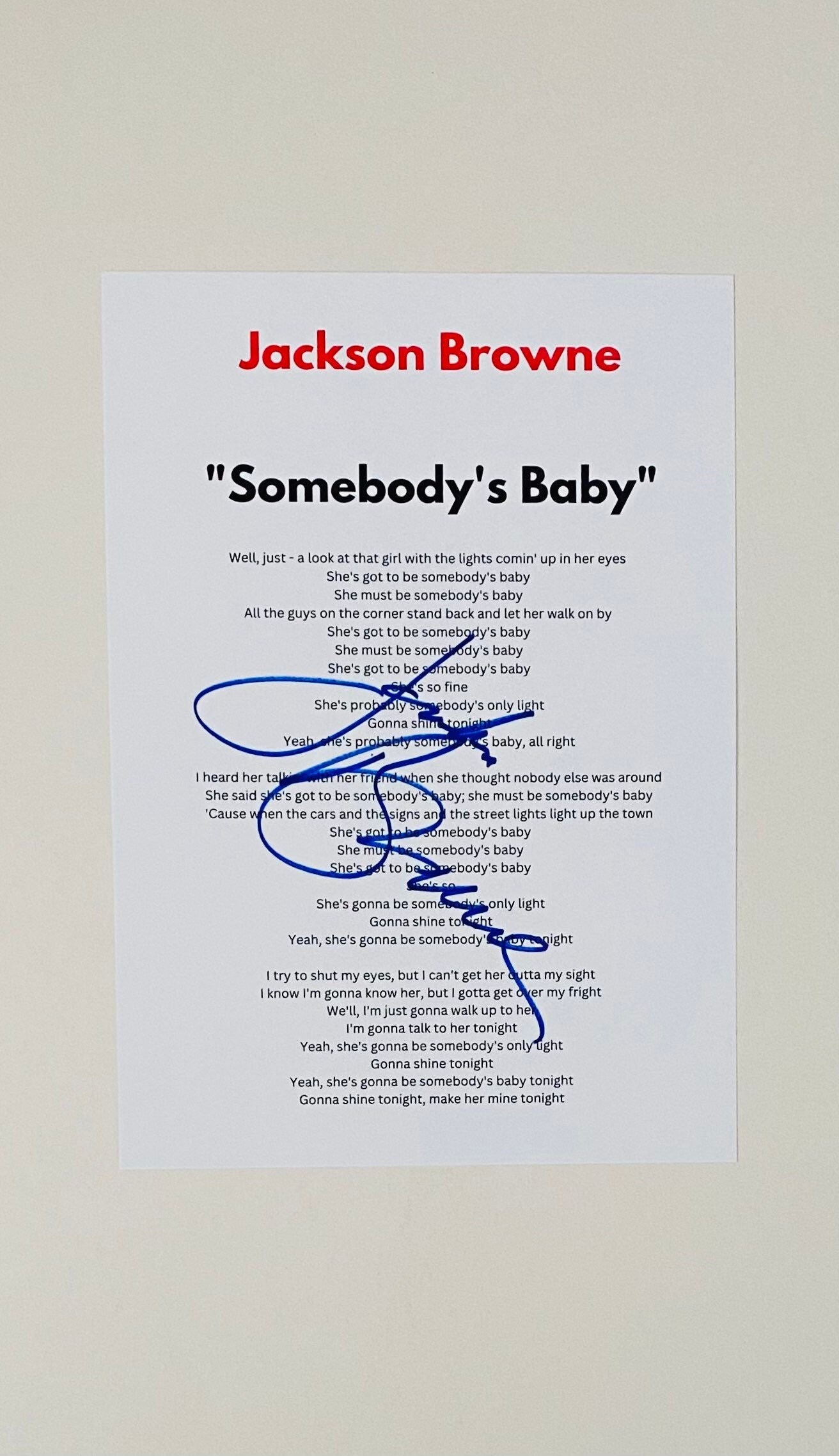 Jackson Browne somebody's Baby Signed A4 Lyric Etsy