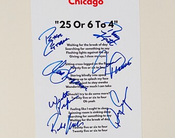 Chicago "25 Or 6 To 4" Signiertes A4 Lyric Sheet