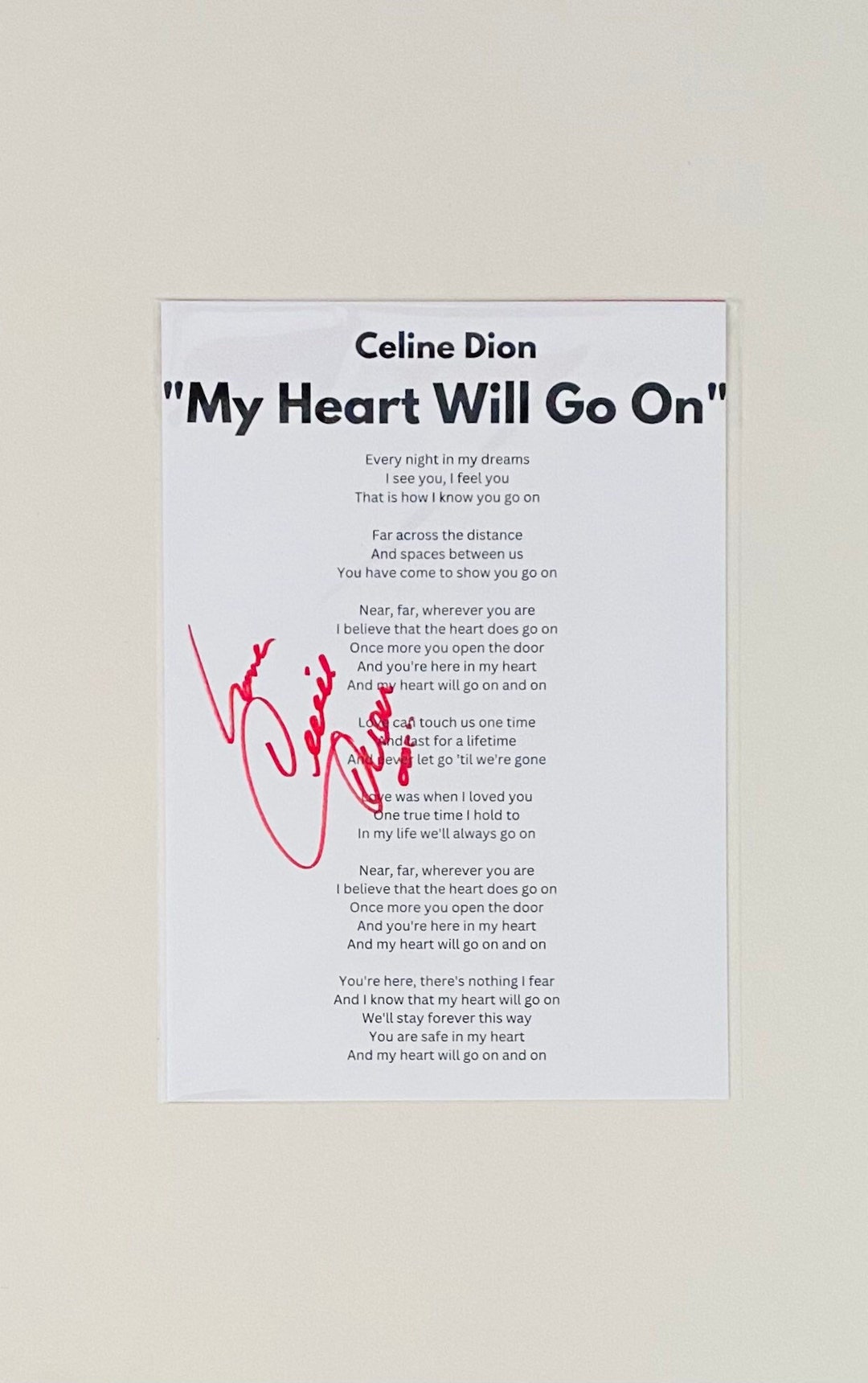 Celine Dion my Heart Will Go On Signed A4 Lyric Sheet Etsy UK