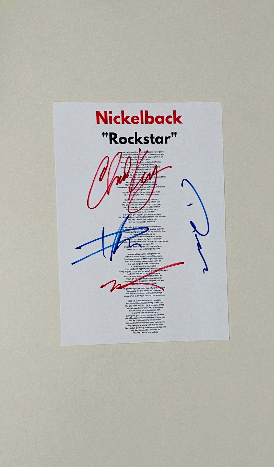 Nickelback rockstar Signed A4 Lyric Sheet - Etsy