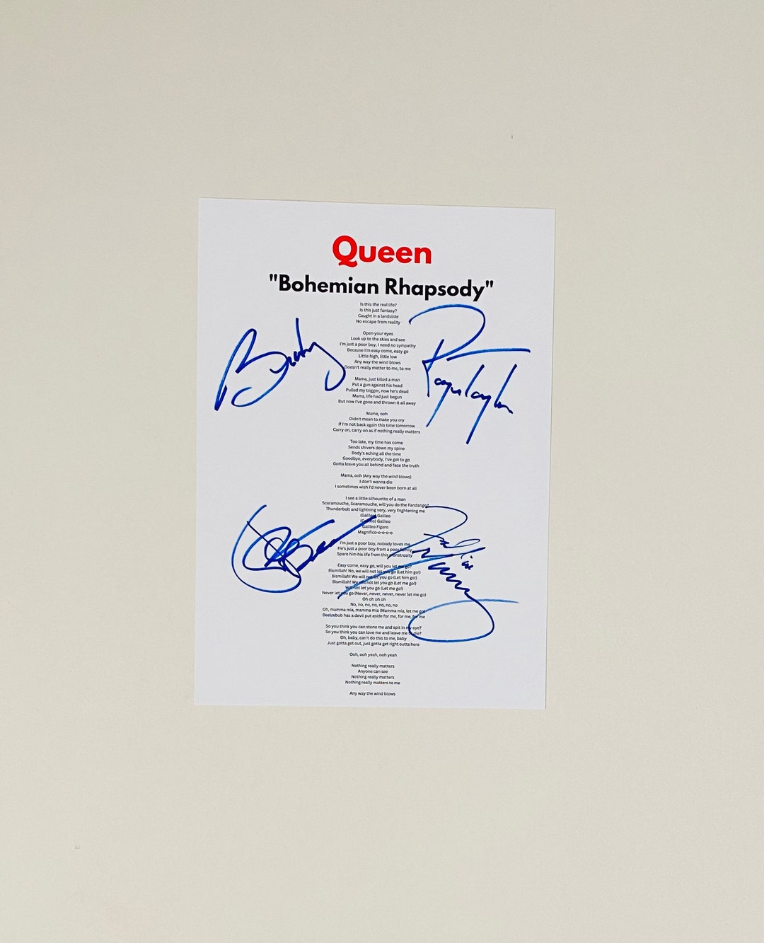 Queen Signed And Written Bohemian Rhapsody Lyrics