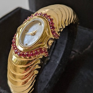 Vintage Franklin Mint Gold-Tone Art Deco Ruby Watch w/Mother of Pearl Dial RUNS!
