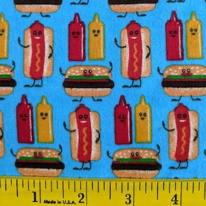 1 yard hot dog mayonnaise ketchup burger hamburger blue flannel cotton fabric