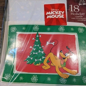 scatola vintage 18 pezzi biglietto di auguri Disney NATALE Pluto Dog Bone Made In USA