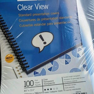 May include: A pack of 100 clear, standard-weight presentation covers. The covers are 8 1/4" x 11" (222mm x 286mm) and have rounded corners. The pack is compatible with CombBind, ProClick, and WireBind.
