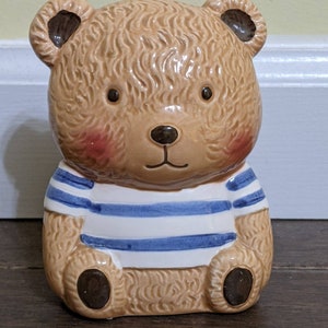 vintage Small slim little brown bear Piggy money bank blue White stripes shirt top