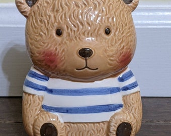 vintage Small slim little brown bear Piggy money bank blue White stripes shirt top