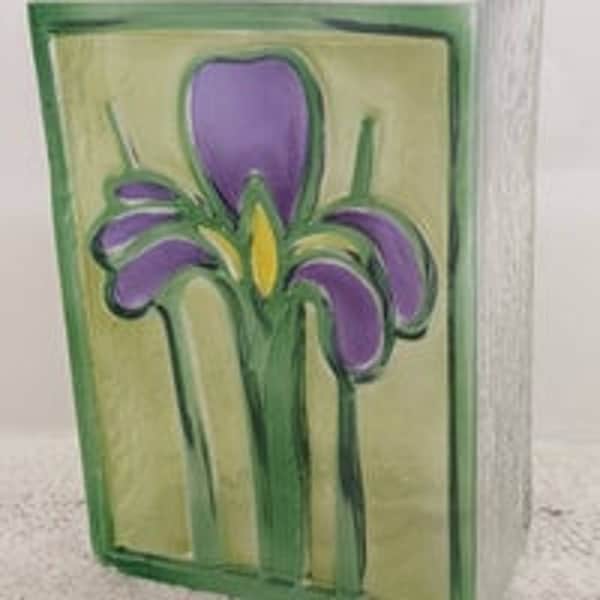 Vintage FTD Romania Purple Iris Flower Textured Art Glass Rectangular Vase 7"