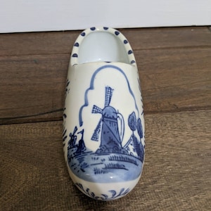 Vintage Windmill Blue White Flowers Delft Clog Planter Single holland