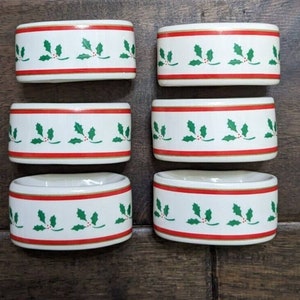 6 Vintage Hallmarks Holly Porcelain Napkin Rings Christmas New