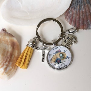 Yellow Camper Vintage Trailer Wagon Camping Keyring Keychain Charm tassel burlap