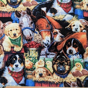 1 Yard Puppies At The Barn Cotton Fabric BTY Labrador beagle Horse Cow Quilt