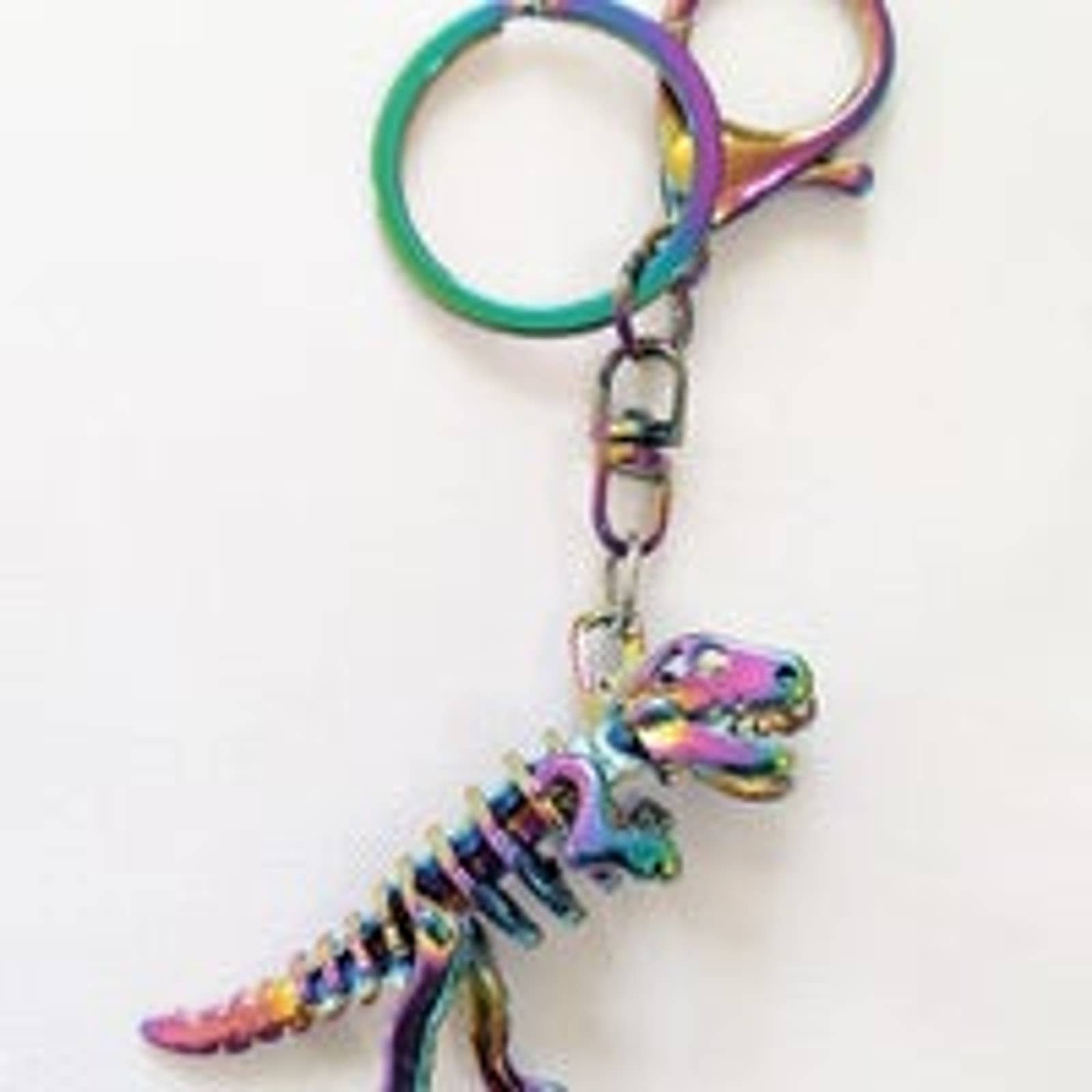 3d Colorful Oil Slick Skeleton Rexy Dinosaur Keychain Keyring Key