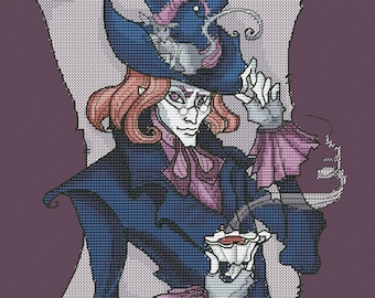Mad Hatter cross stitch gothic pattern pdf - Alice in Wonderland cross stitch tea time cross stitch Mad Hatter embroidery gothic blackwork
