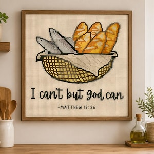 Bible Verse Cross Stitch Pattern, Christian Cross Stitch Matthew 19:26 PDF, Bread and Fish Scripture Sampler