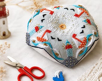 Boats Biscornu Cross Stitch Blackwork pattern pdf - Baby Ornament Embroidery Cross Stitch Marine Pincushion Cross Stitch Biscornu dmc chart