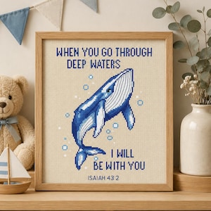 Kruissteekpatroon met Bijbelvers en blauwe walvis, citaat uit het gebed van Jesaja (PDF-schema), christelijke Bijbelteksten voor borduurwerk.