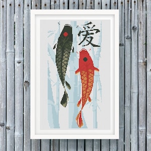 Koi Fish cross stitch love couple pattern pdf - Carps cross stitch Japan Yin and yang fish embroidery design carps needlepoint asian chart