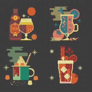 May include: A digital illustration of four drinks. The top left shows a beer bottle and glass with the word "INFALL" on the bottle. The other three images are of cocktails in different glasses and mugs, with various garnishes and colours.
