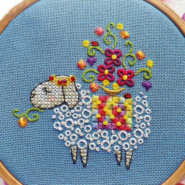 Dolly Lamb stitch floral pattern pdf - Funny Sheep embroidery flowers cross stitch baby lamb needlepoint cute little sheep & flowers chart