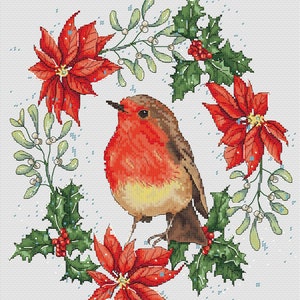 Fairy Tale Story cross stitch Robin bird pattern pdf - Winter embroidery poinsettia cross stitch round needlepoint christmas bird dmc chart