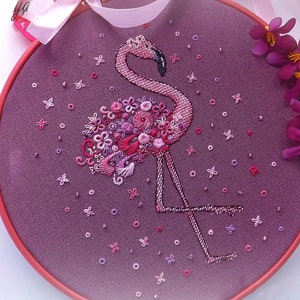 Pink Flamingo Cross Stitch bird pattern pdf - Floral Fantasy Cross Stitch Flamingo Embroidery Blackwork fmalingo Hoop Art cross stitch chart