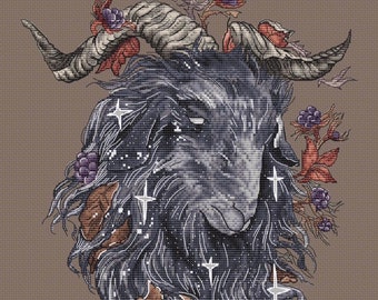 Sacred Goat cross stitch gothic pattern pdf - Night Guardian cross stitch black goat embroidery Goddess Artemis cross stitch goat dmc chart