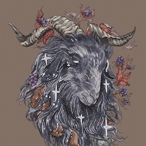 Sacred Goat cross stitch gothic pattern pdf - Night Guardian cross stitch black goat embroidery Goddess Artemis cross stitch goat dmc chart