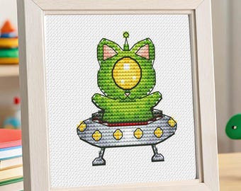 Alien Cat kruissteek plastic canvas patroon pdf - Funny UFO kitten borduurwerk Xfiles naaldpunt 3D dmc-kaart downloaden