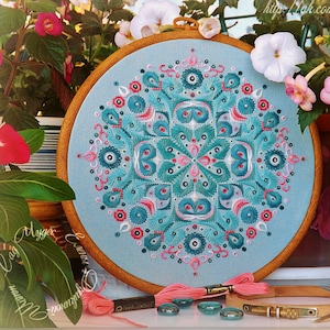 Turquoise Embroidery Geomtery Cross Stitch Biscornu Pattern Pdf - Oriental Cross Stitch Blue Flower Embroidery Lace Blackwork Needlepoint