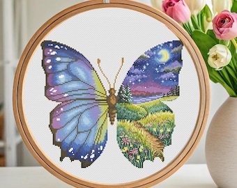 Patrón de mariposa de punto de cruz nocturna en PDF, bordado de naturaleza, mariposa grande, punto de cruz, noche estrellada, fantasía, gráfico DMC, descarga