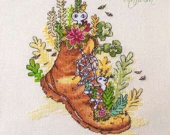 Old Shoe cross stitch spring pattern pdf - Floral Cross Stitch blooming spring hand embroidery old boot new life cross stitch plants chart