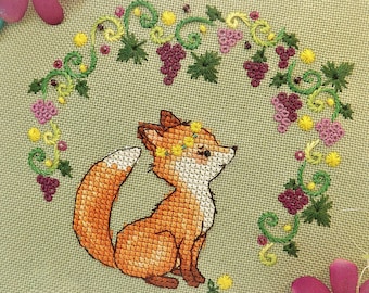 Fox Cross Stitch grapes pattern pdf - Woodland cross stitch little fox Embroidery Baby Fox Round Cross Stitch dmc blackwork easy needlepoint