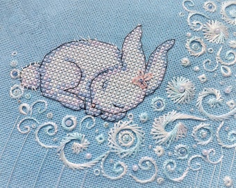 Moonlight Cross Stitch bunny pattern pdf - Silver Moon Embroidery Baby Rabbit cross stitch Sleeping Bunny Needlepoint Good night blackwork
