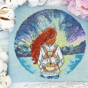 Aurora Cross Stitch Travel Pattern PDF - Polar lights cross stitch travelling girl embroidery aurora polaris travel cross stitch blackwork