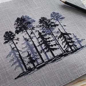 Forest Cross Stitch Blackwork pattern pdf, Woods embroidery woodland landscape minimalist needlepoint dmc chart