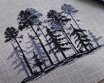 Forest Cross Stitch Blackwork pattern pdf, Woods embroidery woodland landscape minimalist needlepoint dmc chart