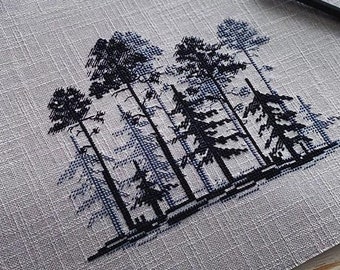 Forest Cross Stitch Blackwork pattern pdf, Woods Cross Stitch blackwork embroidery woodland landscape minimalist needlepoint woods dmc chart