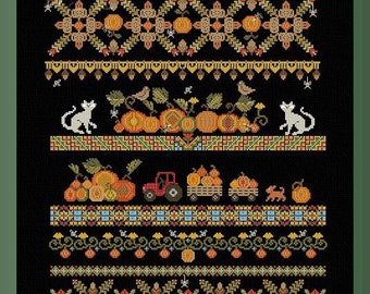 Autumn sampler cross stitch blackwork pattern pdf Victorian cross stitch garden sampler embroidery harvest cross stitch pumpkin needlepoint
